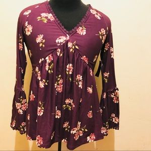 Purple flowered shirt with bell sleeves-New w/tags